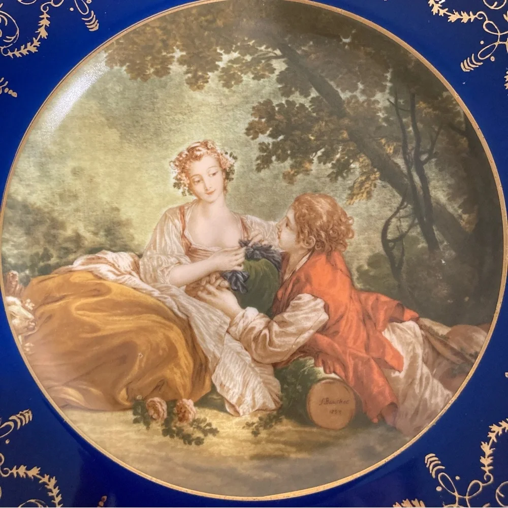 Pair Vintage Reproduction Blue & Gold Decorative Plates Wall Hanging French Art